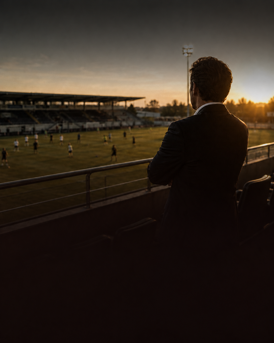 Agent en costume regardant un match au coucher du soleil
